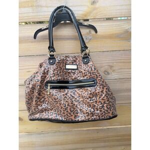 Betsey Johnson Leopard Print Sequin Shoulder Bag Black Patent Trim Gold Hardware